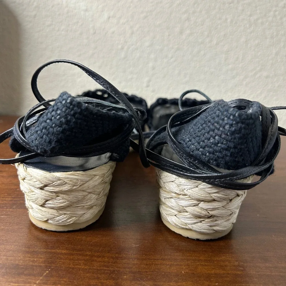 Stuart Weitzman Espadrille 8 Black Crochet‎ Lace Wedge Ankle Lace Up Sandals